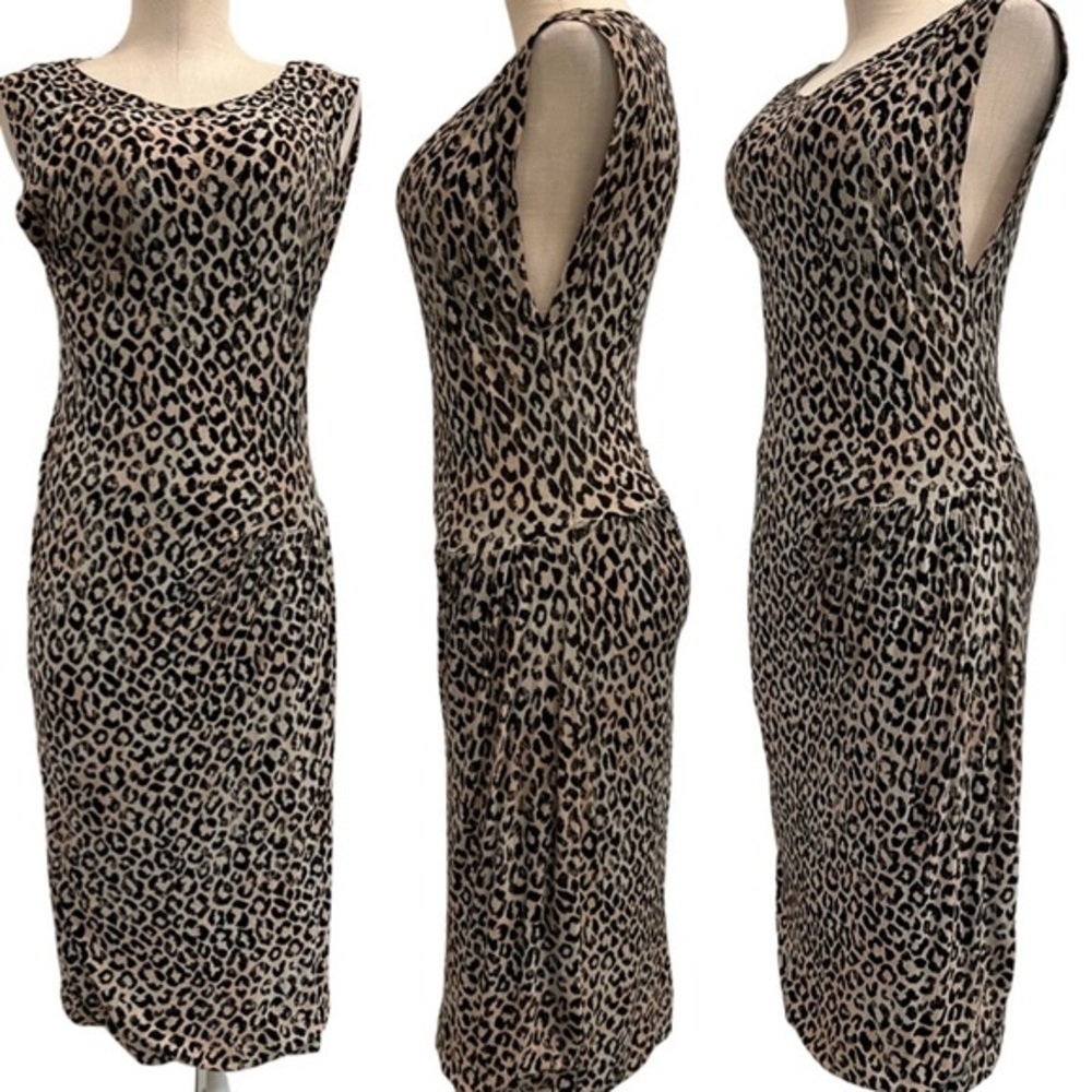 Rebecca Taylor Animal Print Sleeveless Body Con Ruched at the Hip Midi Dress